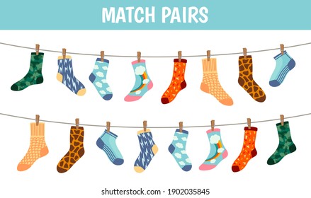 Matching socks game. Puzzle find pair. Preschool children educational worksheet activity. Socks on laundry rope. Match sock patterns vector. Game matching sock, match different illustration