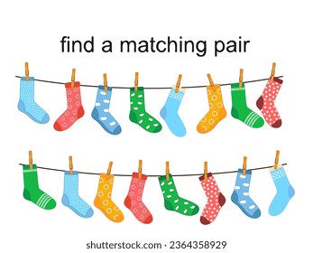 Matching socks game. Puzzle find pair. Preschool children educational worksheet activity. Socks on laundry rope. Match sock patterns vector. Game matching sock, match different illustration