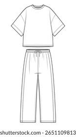 Matching T-Shirt and Pants Technical Fashion Flats. Men’s Outfit Vector Template. Front design Only. Relaxed Fit. Straight-Leg Pants. Basic Tee. White Color. CAD Mockup Set.