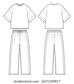 Matching T-Shirt and Pants Technical Fashion Flats. Men’s Outfit Vector Template. Front and Back design. Relaxed Fit. Straight Pants. Short-Sleeve Tee. White Color. CAD Mockup Set.