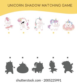 Matching unicorn shadow game for children. Cute unicorn math worksheet. Vector illustration in cartoon style. Additional puzzles for kids. It is perfect for exercising children’s motoric movements.