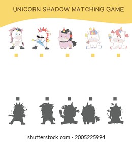 Matching unicorn shadow game for children. Cute unicorn math worksheet. Vector illustration in cartoon style. Additional puzzles for kids. It is perfect for exercising children’s motoric movements.