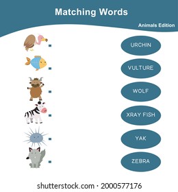 Matching words game animals’ edition. Matching words game for kids. Educational printable game cards. Preschool Education. Vector illustration.