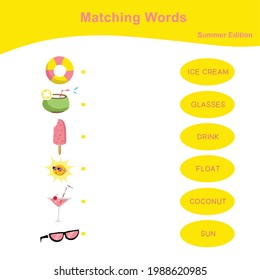 Matching words game summer edition. Matching words game for kids. Educational printable game cards. Preschool Education. Vector illustration.