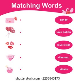 Matching words with images of valentine items. Matching words game for kids. Educational printable game worksheet. Valentine theme. Vector illustrations file.