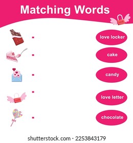 Matching words with images of valentine items. Matching words game for kids. Educational printable game worksheet. Valentine theme. Vector illustrations file.