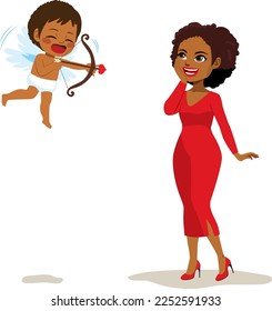 Matchmaking love cupid trying to hit beautiful young woman in red fashionable dress. Vector illustration of happy angel celebrating Saint Valentine's day with young girl