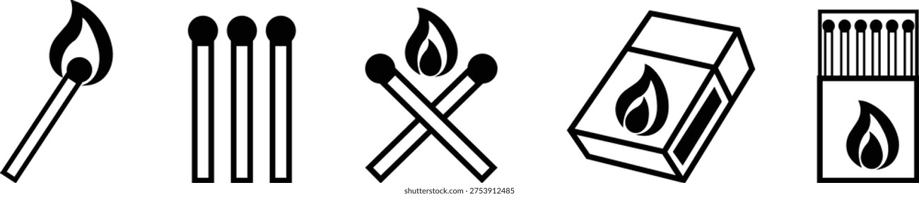 Matchstick and matchstick box icon set. Simple fire starter, Wooden safety illustration, Minimal vectors symbol for fire, ignition, heat, danger, safety, camping, survival, energy and warning concept.