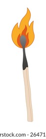 Matchstick queimando com chama. Correspondência acesa, correspondência de gravação. Ilustrações de vetor EPS 10