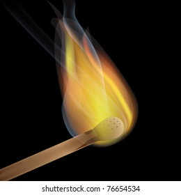 Matchstick burning with flame and smoke on black background