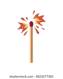 Matchstick with exploding sparkles. Icon of burning match. Wooden stick with blazing fire. Combustion, red flame, ablaze design element. Flat isolated vector illustration on white background