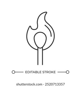 Matchstick with flame linear icon. Burning match. Combustion concept. Heat and energy source. Fire safety. Thin line illustration. Contour symbol. Vector outline drawing. Editable stroke