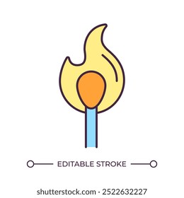 Matchstick with flame RGB color icon. Burning match. Combustion concept. Heat and energy source. Fire safety. Isolated vector illustration. Simple filled line drawing. Editable stroke