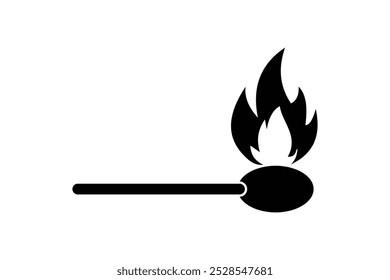 Matchstick icon, vector, silhouette, fire logo. Illustration of a burning matchstick. Matchstick silhouette. Vector illustration of match stick and fire.