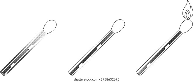 Matchstick icons set burning match stick flame symbols and matchbox for ignition, fire starter tool vector silhouettes and outline illustration for safety and camping collection group