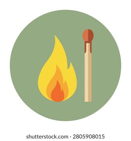 A matchstick with a lit flame beside it in a green circular background represents fire or ignition source for various uses