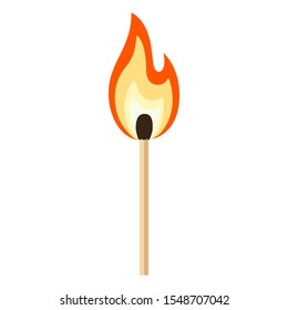 Matchstick with red, orange, yellow fire. Burning match stick cartoon flat vector Illustration isolated on white background. 