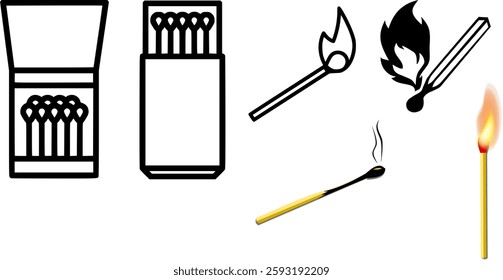 Matchstick Vector Set , Matchbox, Burning Match, Burnt Match, Smoking Matchstick, Flame Icon, Fire Symbol, Wooden Match, Ignited Match, Matchstick Illustration, Firestarter Graphic