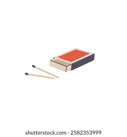 Matchsticks with box icon. Wooden matches for burning camping fire, smoke. Hiking matchbox with sticks for campfire in travel. Opened matchbook. Flat isolated vector illustration on white background