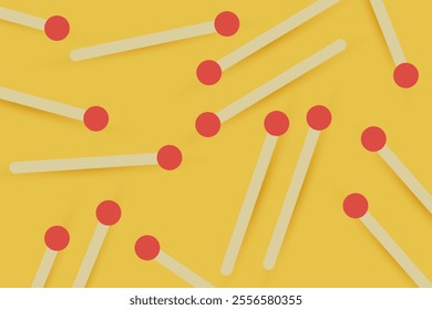 Matchsticks, yellow background, simple design, pattern, red tip, flat layout, bright colors, contrast, simple layout