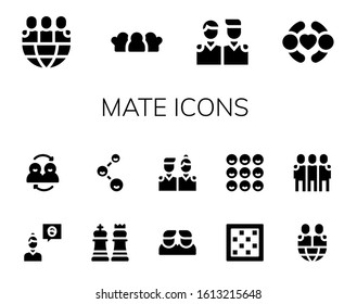 mate icon set. 14 filled mate icons.  Simple modern icons such as: Friends, Friend, Chess, Chess board