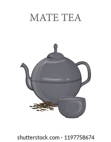 Mate tea in black teapot and small cup with hot drink. Argentinian or brazil herbal tea. Isolated vector illustration