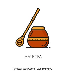 Mate tea in calabash and bombilla and yerba isolated color line icon, traditional Argentina drink. Vector mate in a traditional calabash gourd