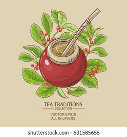 mate tea in calabash on color background