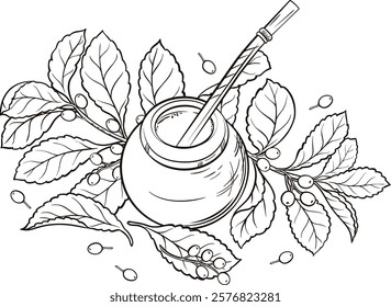 Mate Tea in Calabash and Yerba Mate Branch Vector Isolated for Design and Decoration for Cafeteria, Posters, Banners, Cards. Aroma Beverage Outline Illustration. 