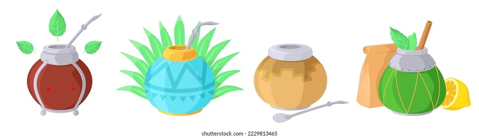 Mate tea drink vector isolated cartoon set. Argentinian fruit herbal beverage illustration. Cup portion of natural green organic antioxidant assortment. Cafe restaurant menu design