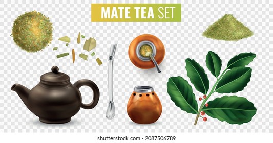 Mate tea realistic set with teapot calabash bombilla leaves isolated on transparent background vector illustration