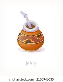 Mate Tea Served In Traditional Ornate Gourd With Metal Straw. Vector Illustration Of Tea Serving. Design Element For Menus, Posters And Tea Party Invitations.