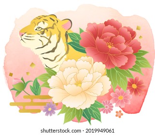 Material para la tarjeta de Año Nuevo 2022 de flores y tigre de peonía (ilustración vectorial)