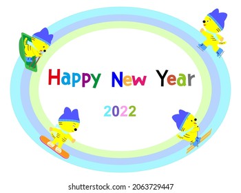 It is a material for the 2022 New Year's card. Tigers enjoy skiing, ice skating, snowboarding and sledding.