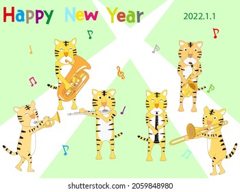 Material for 2022 New Year's cards. Tigers are playing and singing musical instruments to celebrate the New Year.