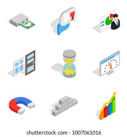 Material aid icons set. Isometric set of 9 material aid vector icons for web isolated on white background