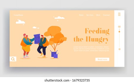 Plantilla de Página de Inicio de Asistencia de Material. Equipo de Voluntarios descargan cajas de ayuda humanitaria para refugiados, ayuda gubernamental. Distribución de alimentos y necesidades básicas a las personas. Ilustración de vectores de caricatura