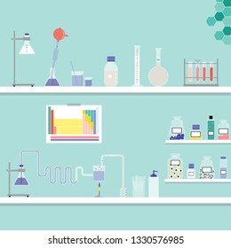 Material to be found in a laboratory: including diverse glassware, chemical reagents and a simulation of a chemical reaction. Useful for teaching purposes but also commercially.