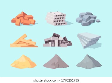 Material building set. Piles large gray cement facing stone drywall packaging yellow sand concrete blocks pile red brick curly cinder block processed wooden boards. Vector architectural cartoon.