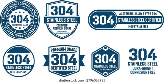 Material certification icon. Manufacturing and engineering related line icons: stainless steel 304 badge, premium grade certification, corrosion resistant label, industrial metal standard, quality assurance seal, construction and production concept. Editable vector template. Vector illustration.