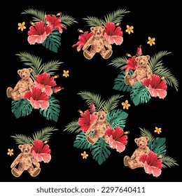Material collection of cute bears and tropical flowers,