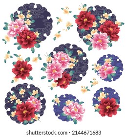 Material collection of Japanese style peony and cloud pattern,