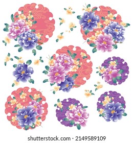 Material collection of Japanese style peony and cloud pattern,