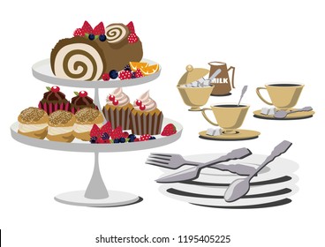 Material collection of sweets.Illustration of cakes and tea.
Bush de Noel's table set.
Roll cake clip art.