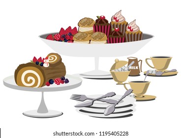 Material collection of sweets.Illustration of cakes and tea.
Bush de Noel's table set.
Roll cake clip art.