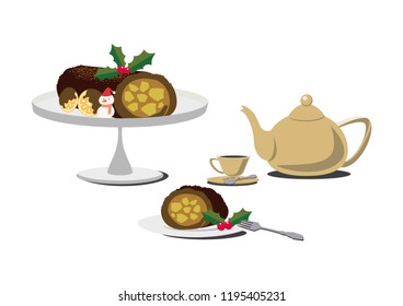 Material collection of sweets.Illustration of cakes and tea.
Bush de Noel's table set.
Roll cake clip art.