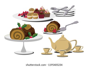 Material collection of sweets.Illustration of cakes and tea.
Bush de Noel's table set.
Roll cake clip art.