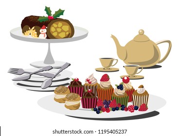 Material collection of sweets.Illustration of cakes and tea.
Bush de Noel's table set.
Roll cake clip art.