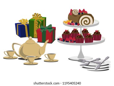 Material collection of sweets.Illustration of cakes and tea.
Bush de Noel's table set.
Roll cake clip art.