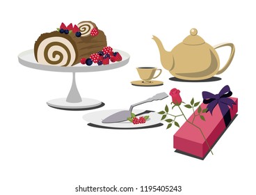 Material collection of sweets.Illustration of cakes and tea.
Bush de Noel's table set.
Roll cake clip art.